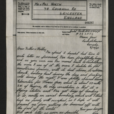 Letter from Alan North to his parents